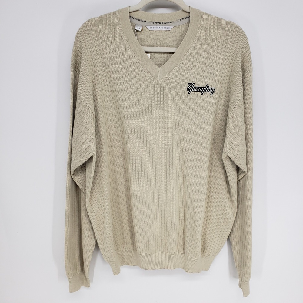 Cutter & Buck Yuengling V-Neck Sweater Mens Large Beige Cream Ribbed Cotton NEW
